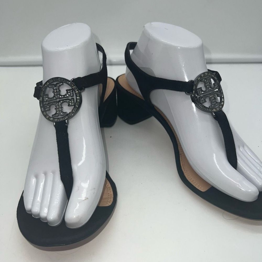 Tory Burch Suede T Strap Rhinestone Logo Sandals